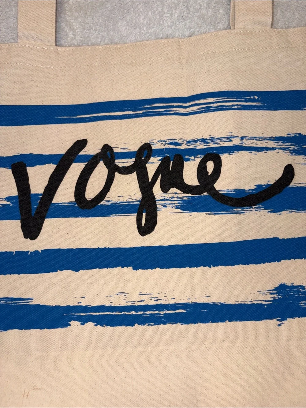 Vogue Canvas Tote in Natural and Blue with Black Logo